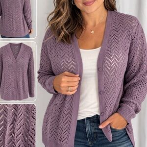 Ann Taylor Lavender Cotton Cardigan Sweater Large Pointelle Button Front